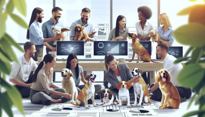 A calm office environment with employees and pets, promoting wellness and happiness.