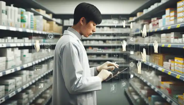 A healthcare professional ordering sterile latex gloves on a tablet in a hospital supply room in Norwich.