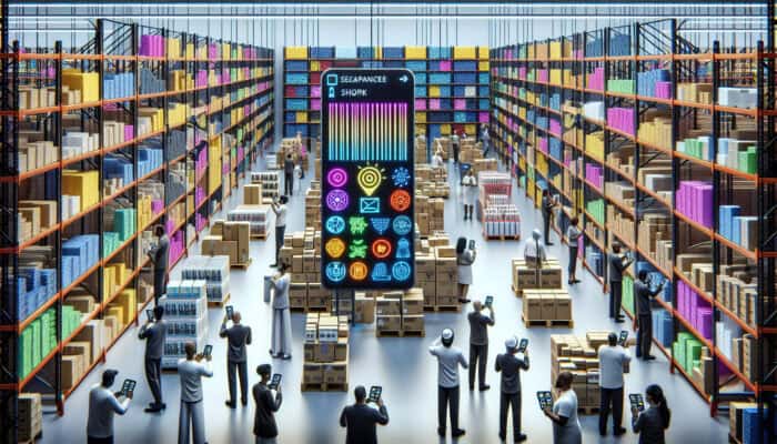 A retail warehouse featuring colourful barcode labels, staff scanning items, and a well-organised clearance section with discounted products.