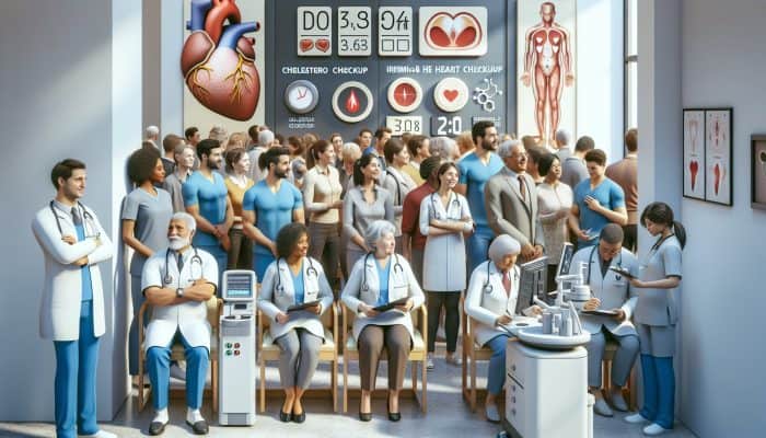 Diverse patients at Oxford NHS clinic waiting for cholesterol tests, surrounded by modern equipment and heart health posters.