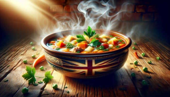 A bowl of Australian soup with vegetables, meat, and parsley, on a rustic table.