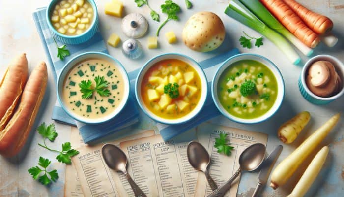 Three bowls of classic Australian soups garnished with fresh parsley on a vibrant table.