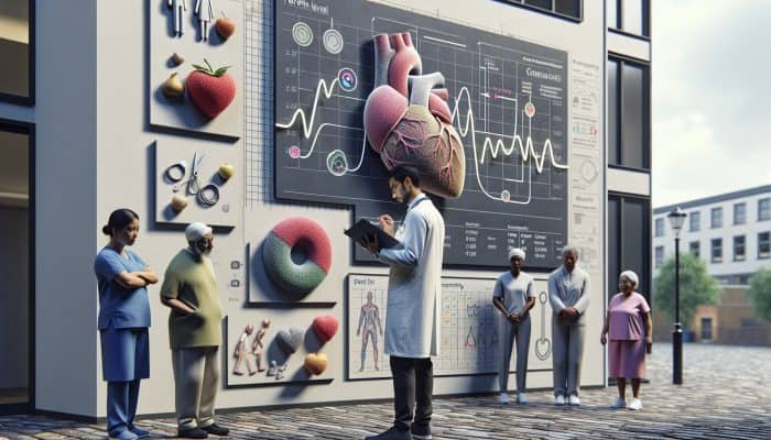 A healthcare professional reviewing ferritin level chart with diverse patients, surrounded by heart, cancer symbols, and lifestyle elements.