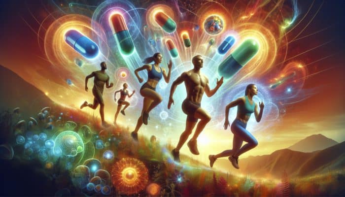 Athletes running uphill with glowing capsules, symbolising enhanced VO2 max.