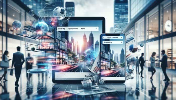 E-commerce website displayed on both smartphone and laptop, featuring intuitive navigation, fast loading times, and mobile responsiveness, set in a Bampton business context with shoppers.