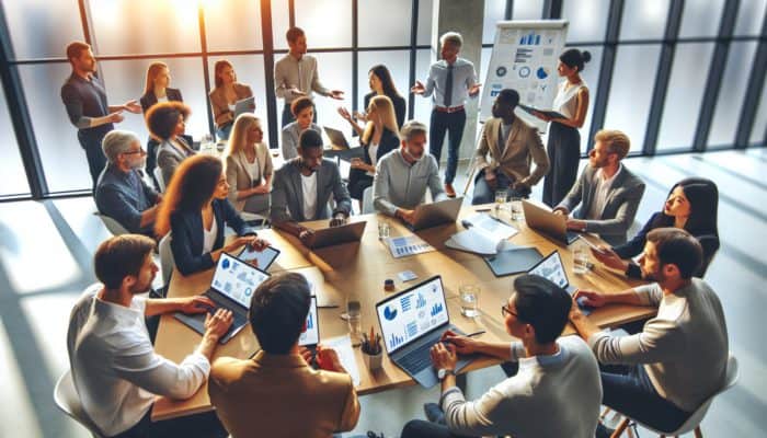 Bampton business owners at a collaborative e-commerce workshop, working alongside tech experts using laptops.