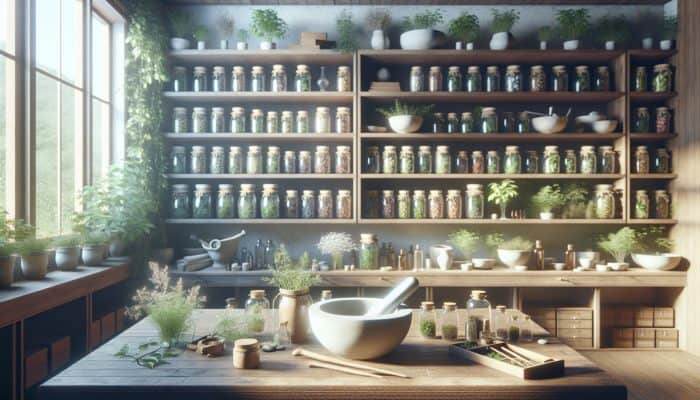 A serene apothecary with organized jars of herbs, a mortar and pestle, and natural light.