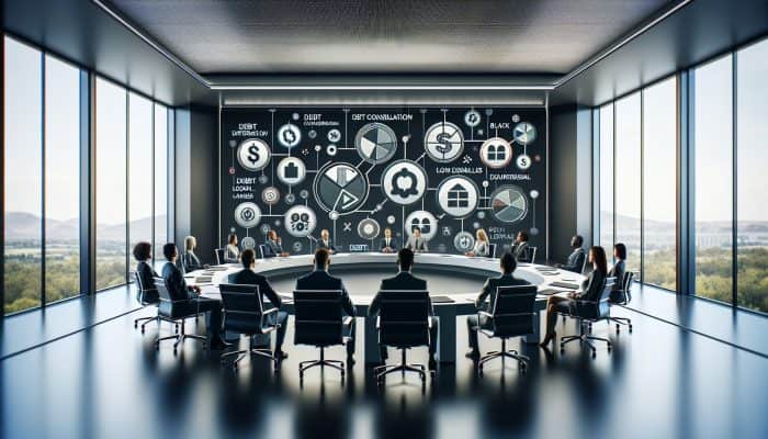 Debt Consolidation Loan Denial Reasons: UK Guide | DCL A team of financial experts discussing reasons for debt consolidation loan denials in a conference room, equipped with visual aids.