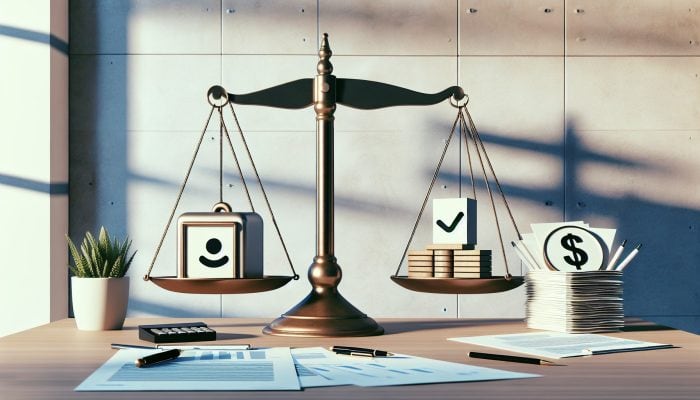 Debt Consolidation Loan Denial Reasons: UK Guide | DCL A scale balancing a stable job symbol and a loan approval document in a professional office environment with financial charts.