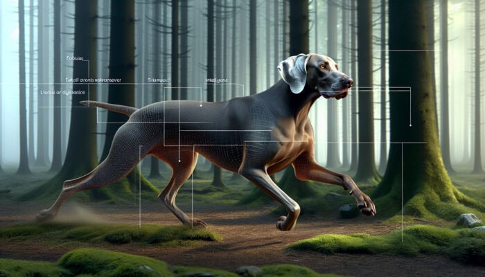 Weimaraner dog tracking a scent in a dense forest, showcasing stamina and intelligence.