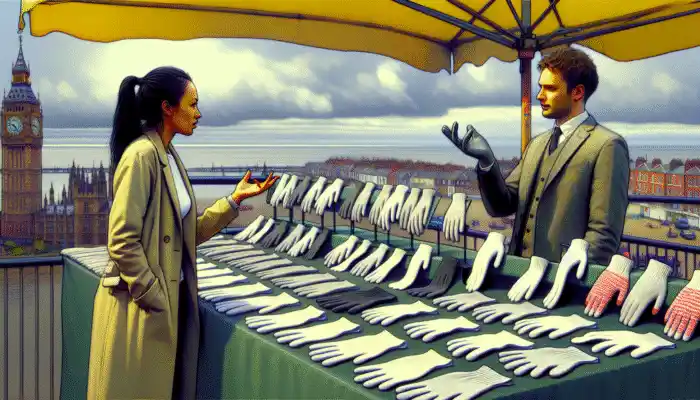 Thin cotton gloves on a market stall in Hartlepool, discussed by expert shoppers under a cloudy sky.