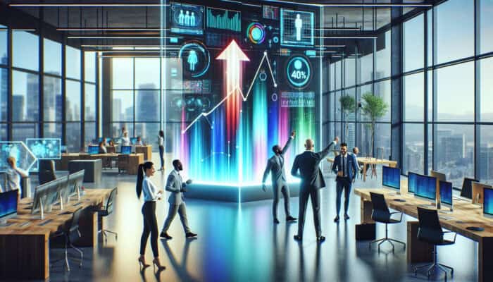 A tech startup office with a digital dashboard showing deadlines, VAs monitoring, and team celebrating reduced missed deadlines.