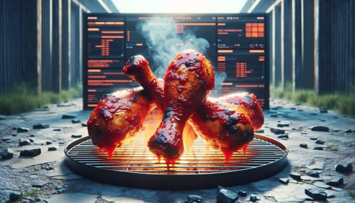 BBQ chicken drumsticks glazed with Sriracha, sizzling on a grill with smoke, rustic outdoor setting.