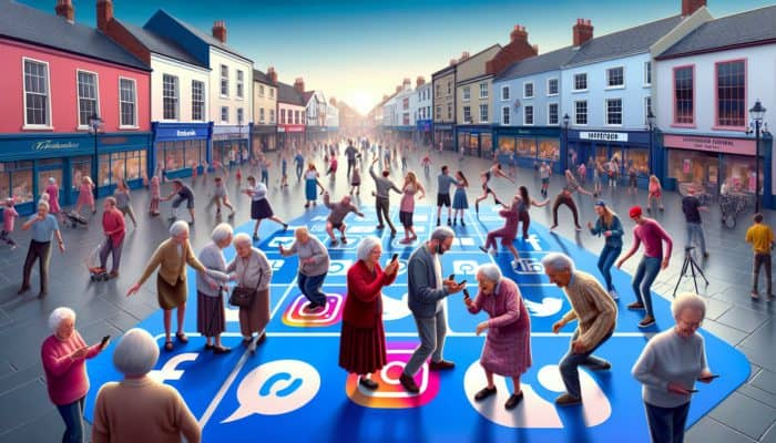 Bideford town square with diverse ages using social media: older on Facebook, young adults on Instagram, teens on TikTok.
