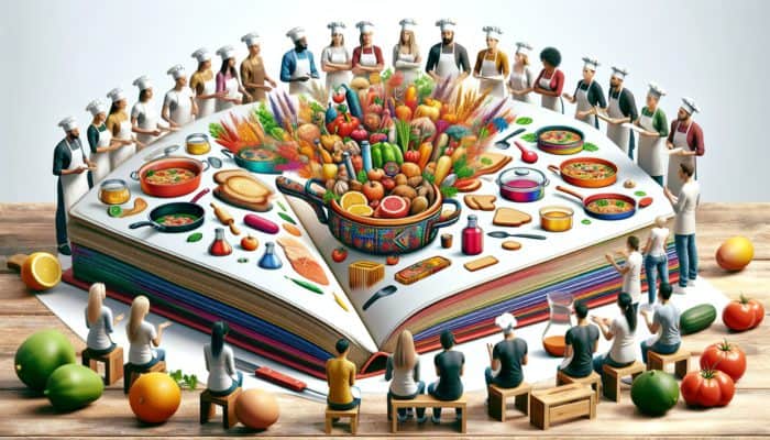 Welcoming kitchen atmosphere with novice cooks learning simple recipes from expert chefs using an illustrated cooking book.