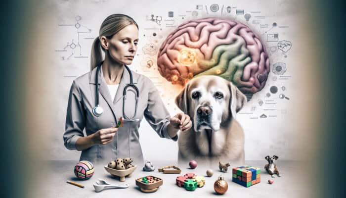 An elderly dog with cognitive toys and a vet, highlighting the role of mental stimulation in slowing cognitive decline.