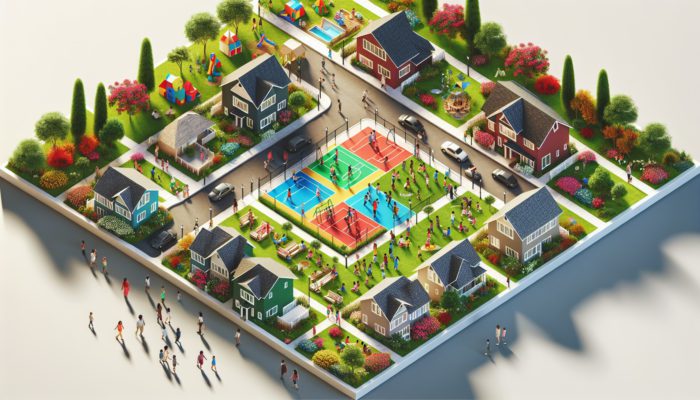 Aerial view of a vibrant Springs neighbourhood with family homes, gardens, children playing, and community parks.