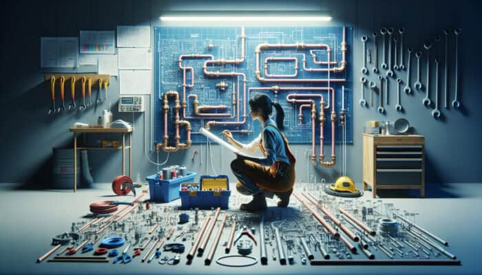 A plumber assesses Poly B piping, preparing for replacement in a well-organised workspace.