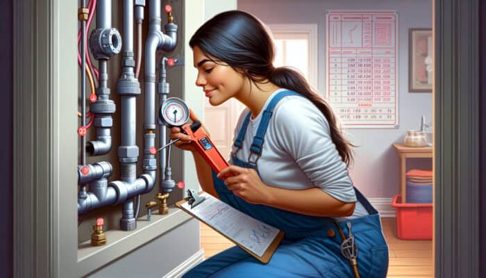 A plumber inspecting Poly B plumbing for leaks, corrosion, damage, using pressure tests and flow rate measurements.