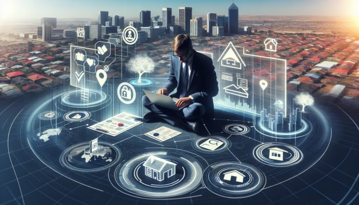 A person researching lenders on a laptop, surrounded by documents and a local property map, with bank and broker icons.