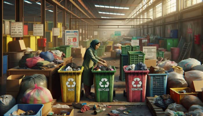 Individual sorting items into bins designated for reuse, recycling, and donation, with local facilities visible in the background.