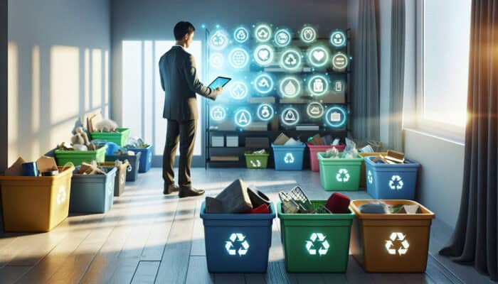 Individual sorting items into bins for recycling, reusing, and donating, while using a tablet for sustainability tips and local group contacts.