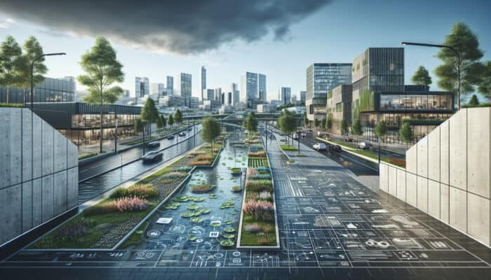 Modern urban landscape featuring permeable paving and advanced drainage systems that highlight sustainability and efficiency.