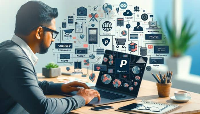 A small business owner setting up e-commerce on a laptop with Shopify, WooCommerce, Magento, PayPal, and Stripe logos.