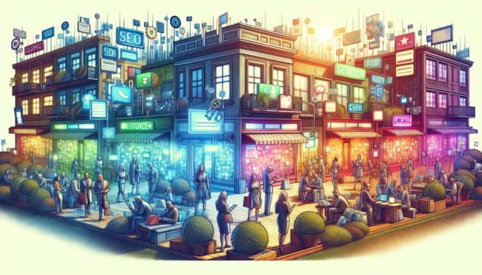 A vibrant e-commerce scene in Plymouth showcasing SEO keywords on digital displays with customers using search engines.