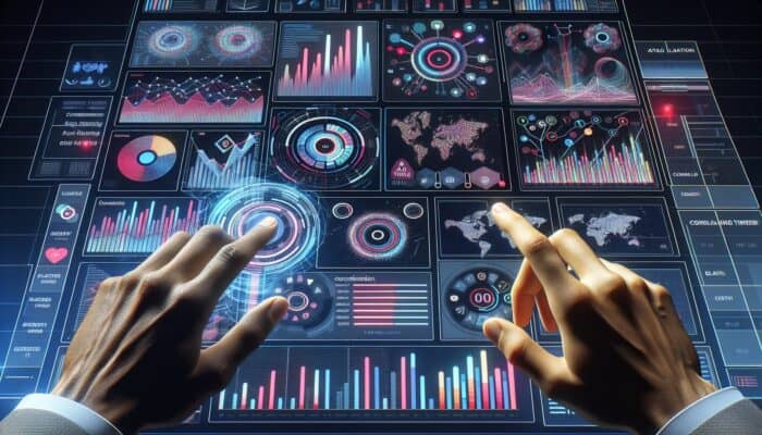 A digital dashboard with analytics charts and hands adjusting sliders, symbolising click-through rate optimization.