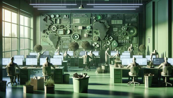 Eco-friendly virtual assistants analyzing data for sustainability reports in a green office.