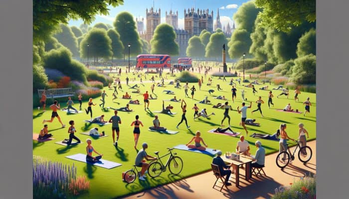 A vibrant UK park scene with people exercising, symbolising mental wellness and community connection.