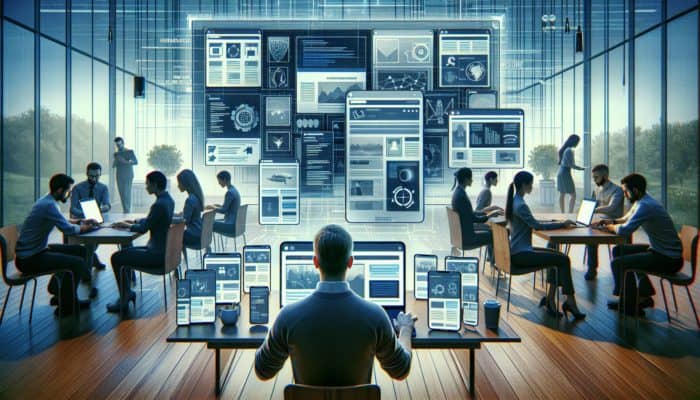 A web developer in Ferndown optimizing a website on a laptop, with mobile devices showing responsive design in a tech-savvy office.