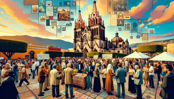 A vibrant San Miguel de Allende cathedral hosting an art exhibition with local artists and visitors mingling.