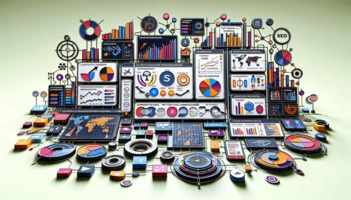 SEO dashboard showcasing trends, demographics, top landing pages, and a user flow map.