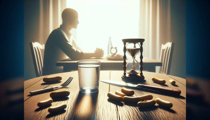 Individual fasting for cholesterol test, seated with water, clock showing early morning, empty containers nearby.
