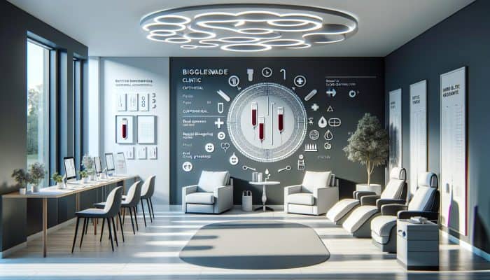 Modern private clinic in Biggleswade, sleek interior, rapid blood grouping tests, personalized, confidential care, minimal wait times.