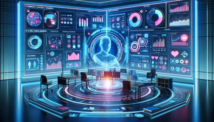 Futuristic e-commerce control room with holographic virtual assistants managing sales and displaying data.