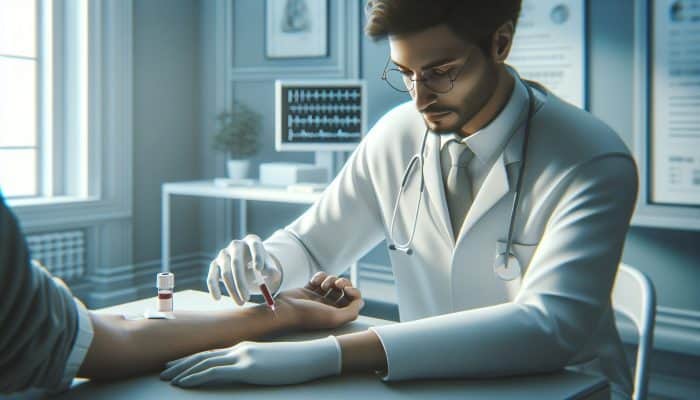 A healthcare professional drawing a small blood sample from a patient's arm in a clinic.