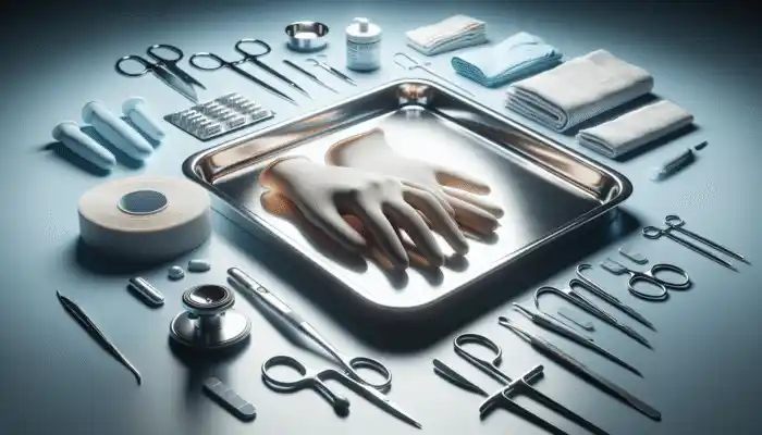 Close-up of hypoallergenic nitrile gloves on a medical tray with various tools in a sterile hospital environment.