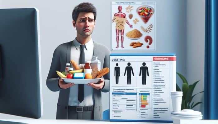 A person experiencing digestive issues and fatigue, looking perplexed while holding gluten and dairy foods, next to a food intolerance test kit in a clinic.