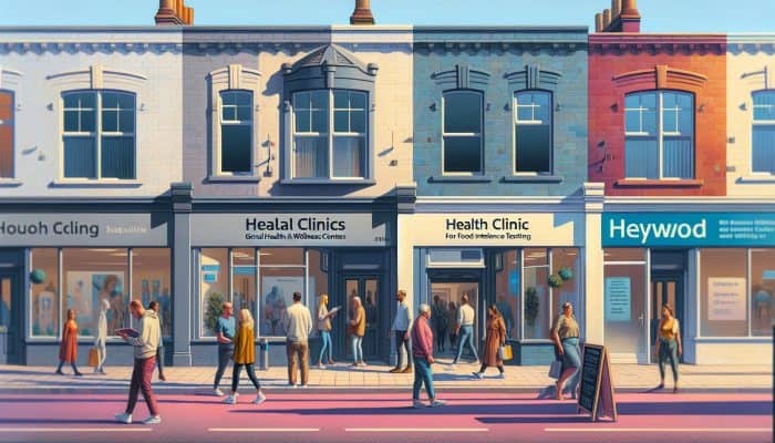 A bustling street in Heywood featuring clinics offering food intolerance testing, with people arriving and departing.