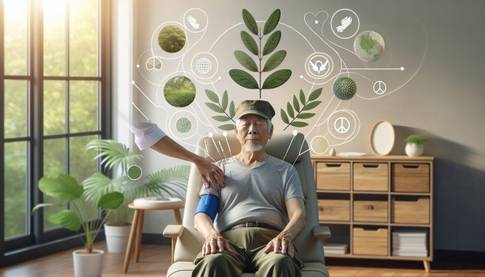 A serene veteran receiving acupuncture in a nature-inspired therapy room, surrounded by peace symbols, showing relief and improved mobility.