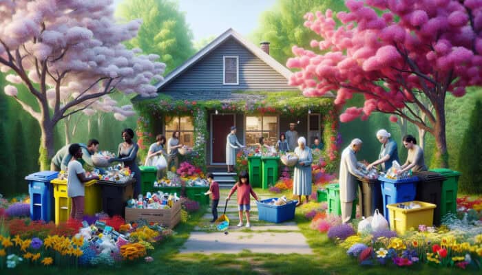 A spring scene of people sorting recyclables in a cleared house, surrounded by blooming flowers and green trees.