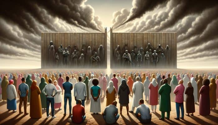 A diverse group of UK minorities facing a wall symbolising cultural barriers to mental health, with shadowy figures under a cloudy sky.