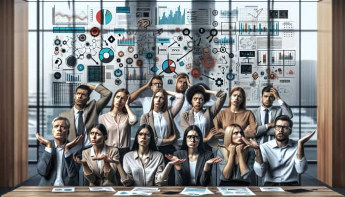 Team in office, confused by unclear resource charts, illustrating ownership and responsibility issues.