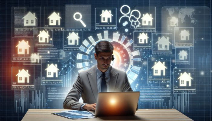 Real estate agent analysing property values on laptop with house images, conducting CMA in Springbok.