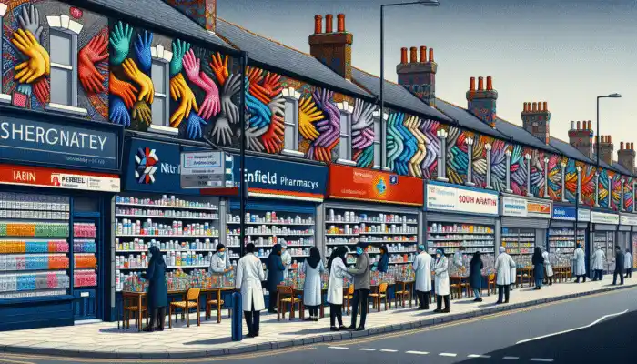 An Enfield street scene showcasing pharmacies like Boots, Lloyds, and Superdrug with staff assisting customers and nitrile gloves on display.