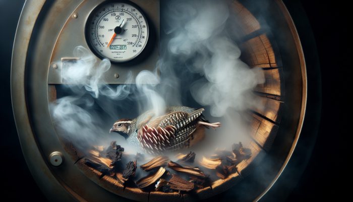 Quail surrounded by smoke from wood chips in smoker, temperature gauge at 225-250°F.