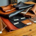 A variety of leather samples in different colors and textures are spread on a wooden table. Each piece has a small white label displaying its name, like "Make," "Louisiana," and "Legend." These samples highlight diverse leather types, showcasing uses from smooth to textured finishes.